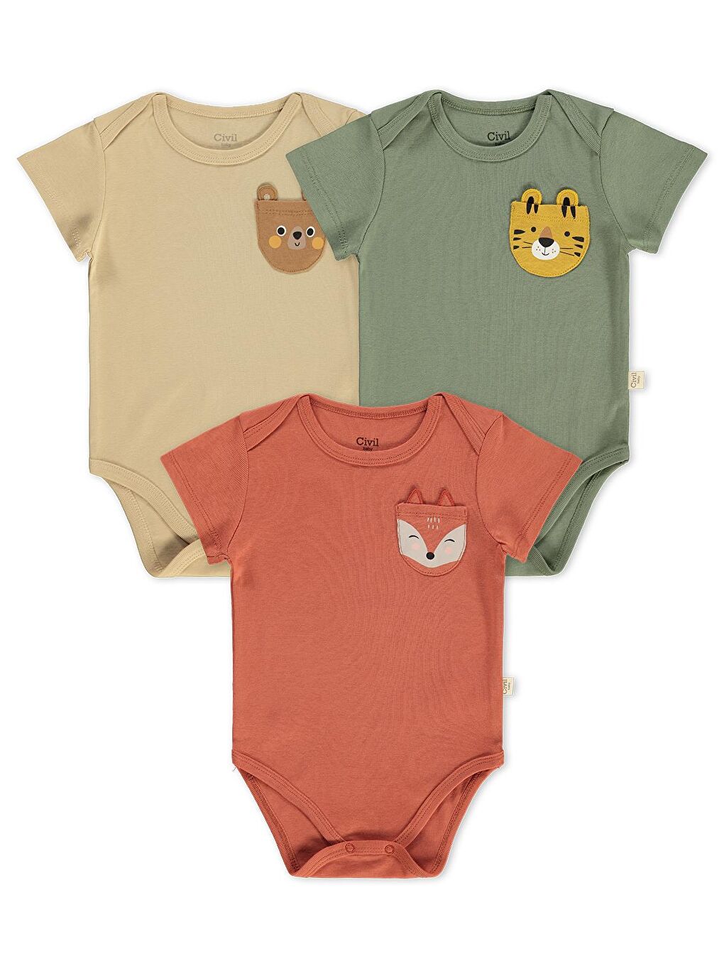 Kahverengi Baby Cep Tilki Hayvan Baskılı 3 Lü 0-36 Ay Çıtçıtlı Badi - Turuncu 1-3 Ay