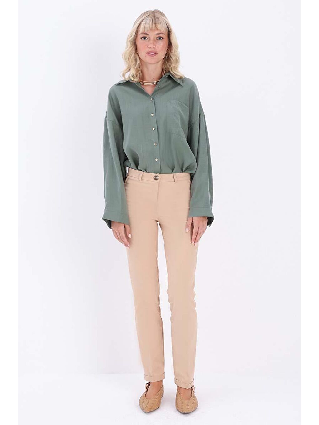 Bej Bisküvi-Pamuklu Duble Paça Dar Kesim Pantolon-1