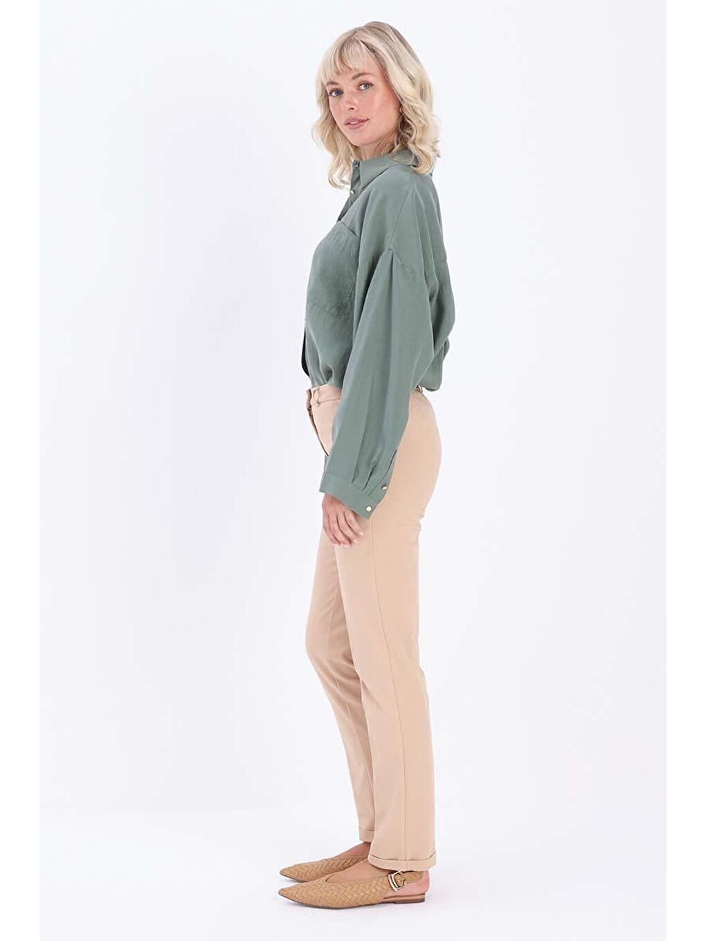 Bej Bisküvi-Pamuklu Duble Paça Dar Kesim Pantolon-2