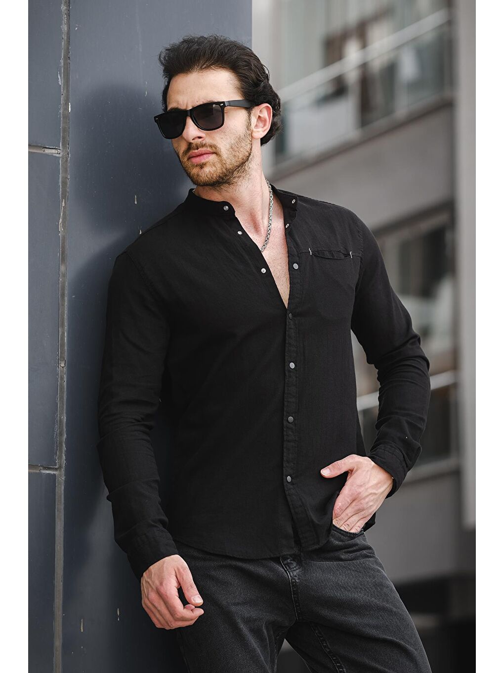 Siyah Trc 2700 Tek Cep Çıt Çıtlı Slim Hakim Yaka Erkek Gömlek-2