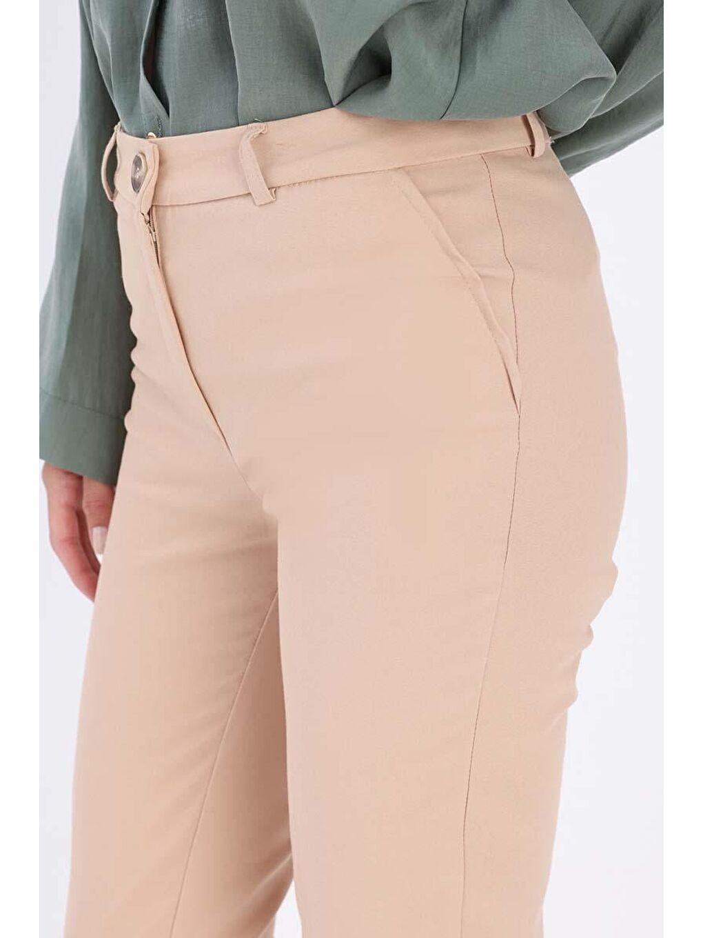 Bej Bisküvi-Pamuklu Duble Paça Dar Kesim Pantolon-4