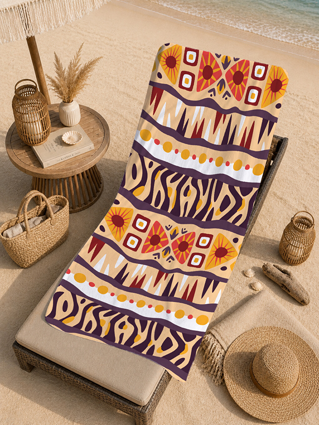 Kahverengi Kahve Turuncu Etnik Tribal Desenli 70x150 Cm Dijital Baskılı Plaj Ve Banyo Havlusu-4