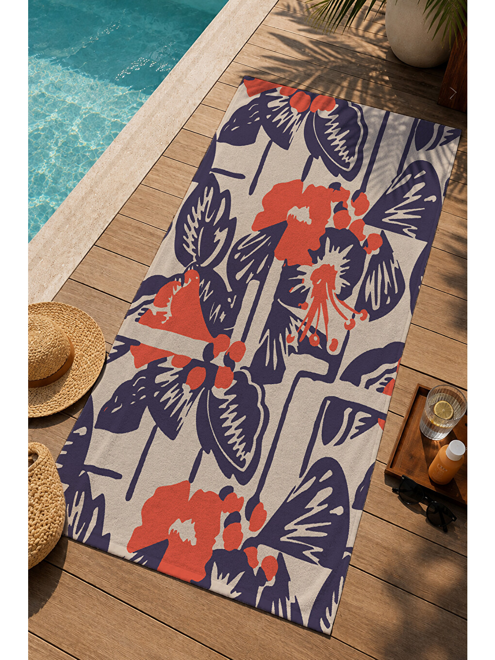 Lacivert Mercan Büyük Tropikal Çiçek Desenli 70x150 Cm Dijital Baskılı Plaj Ve Banyo Havlusu-2