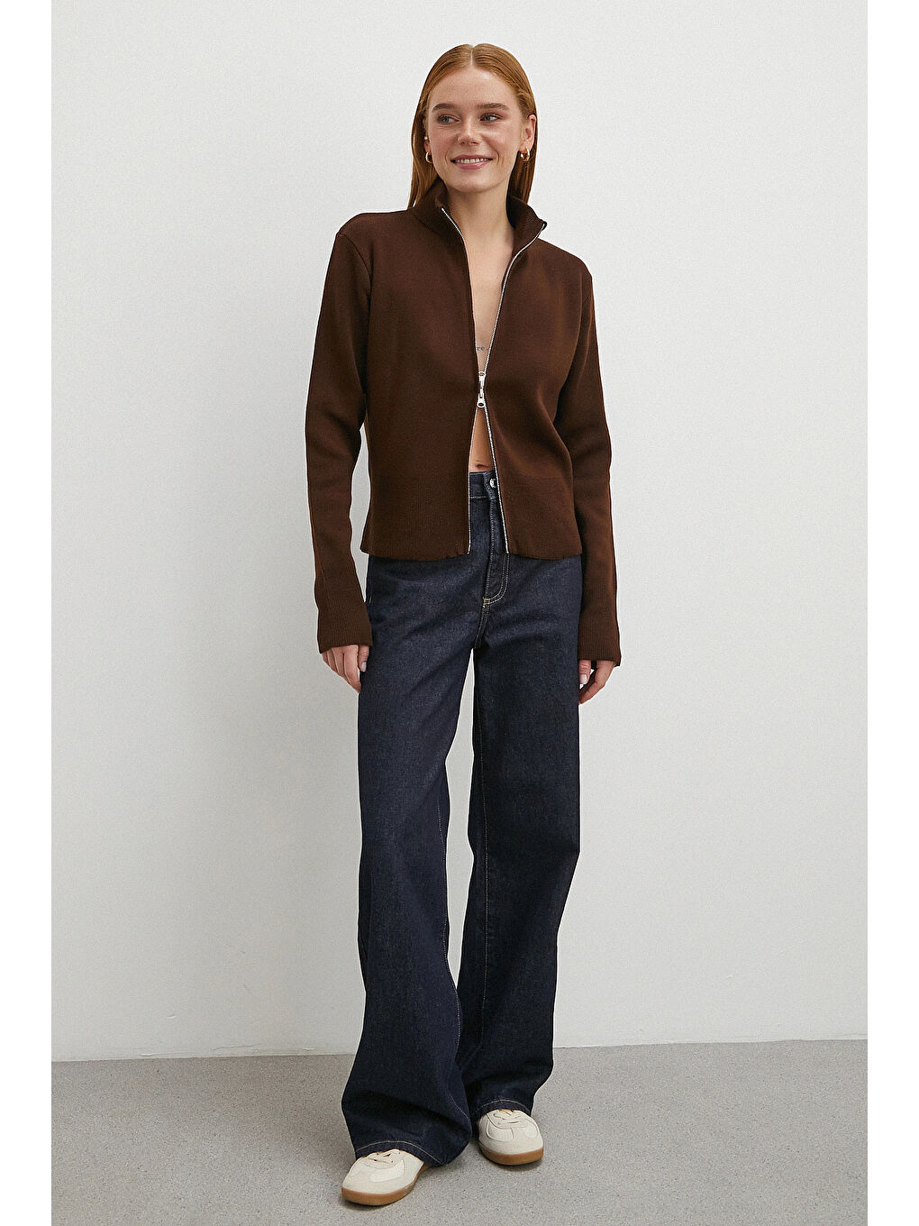 Karışık Çift Fermuarlı Triko Hırka Kahve-1