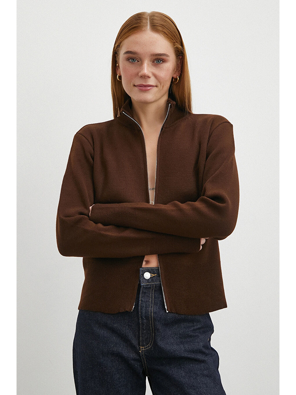 Karışık Çift Fermuarlı Triko Hırka Kahve-2