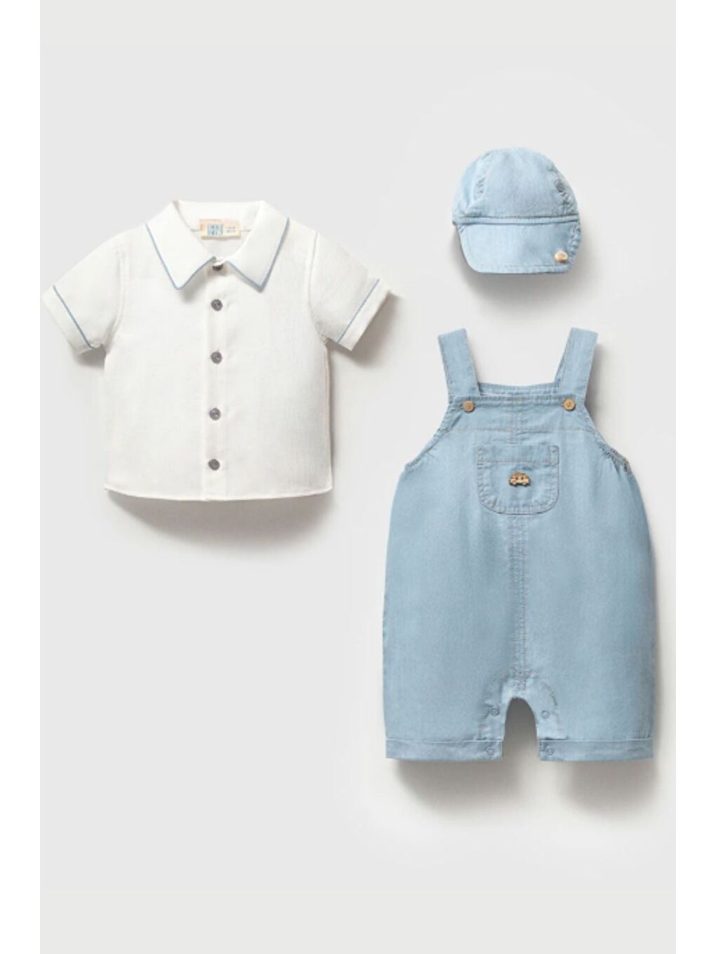 Mavi Kasketli Jean Görünümlü Salopet Ve Gömlek Takımı
