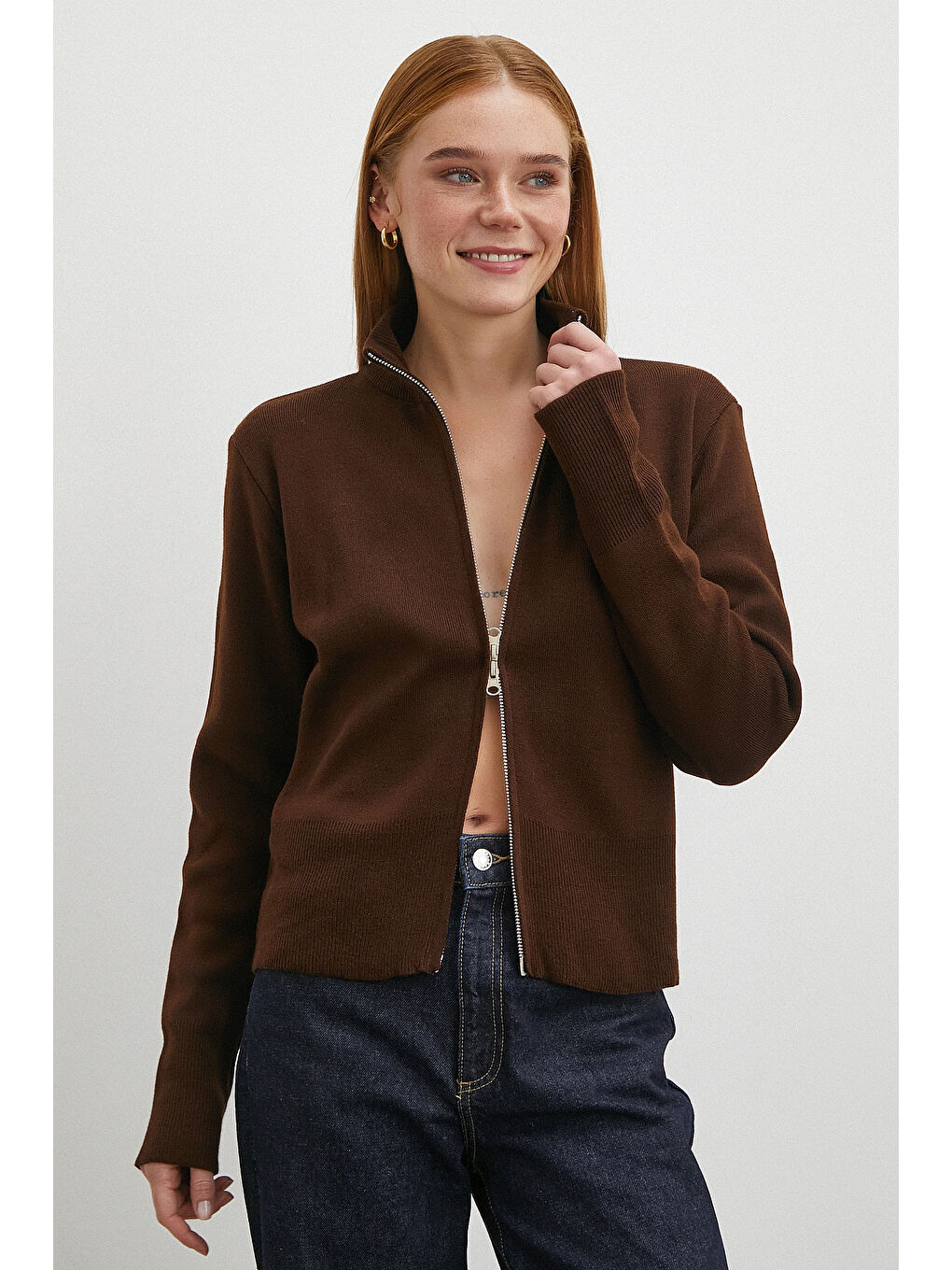 Karışık Çift Fermuarlı Triko Hırka Kahve-3