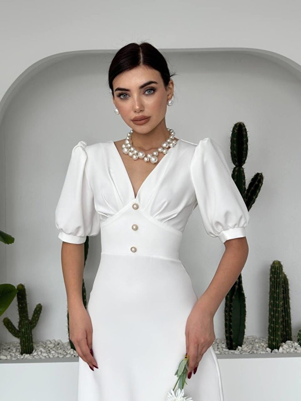 Beyaz Linda Midi Elbise-4