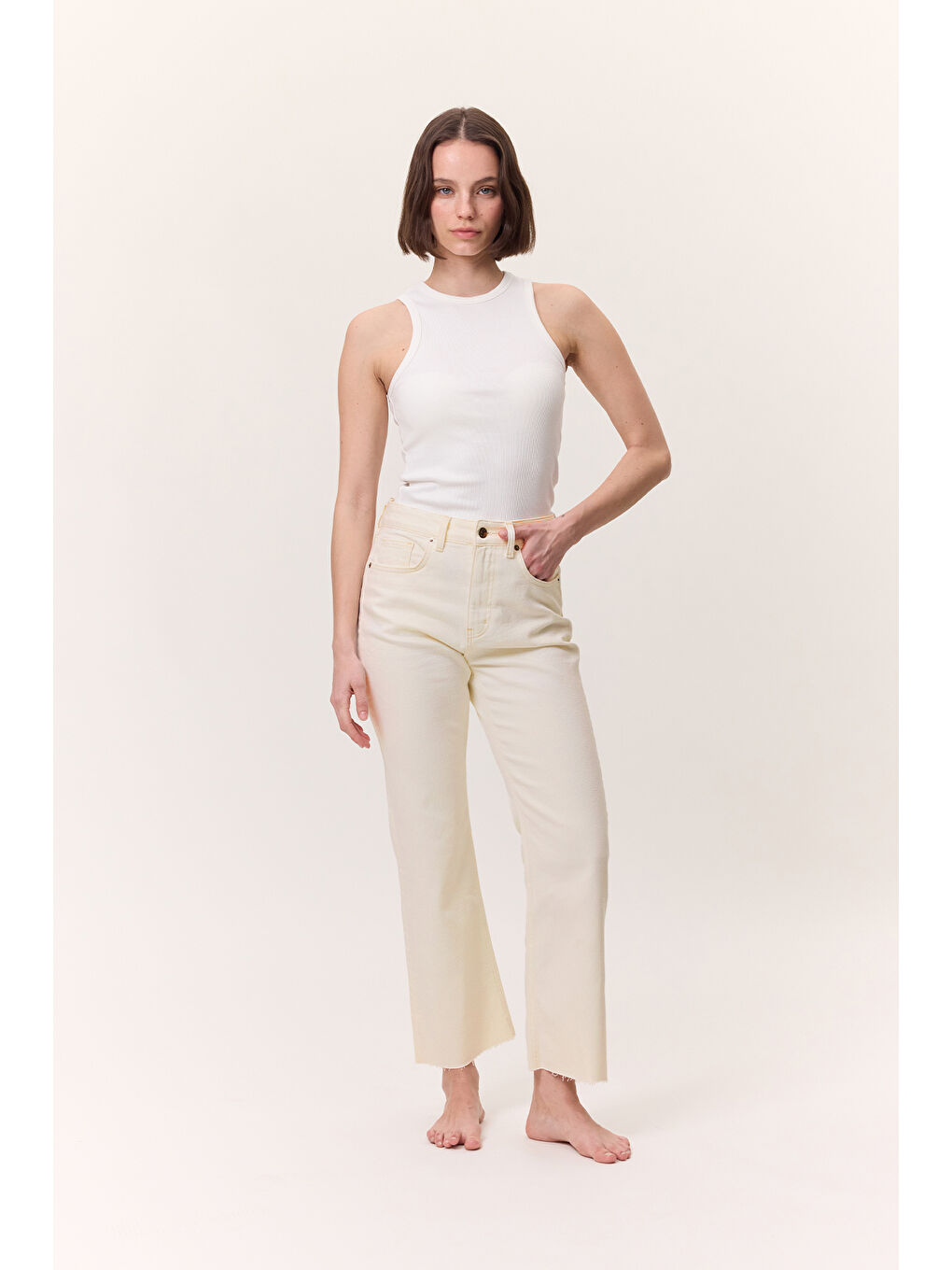 Yüksek Bel Flare Paça Jean Ekru-2