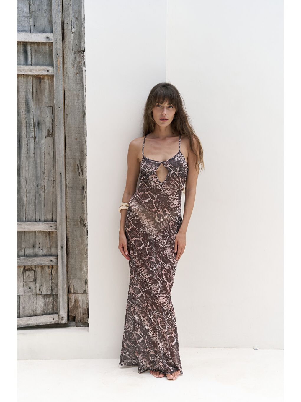 Bej Diavonesta Bağcık Detay Dekolteli Vizon Uzun Elbise-1