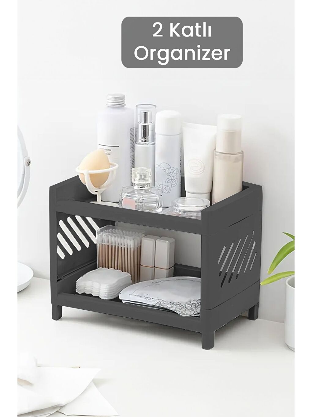 2 Katlı Makyaj Takı Kozmetik Rafı Düzenleyici Çok Amaçlı Organizer Antrasit