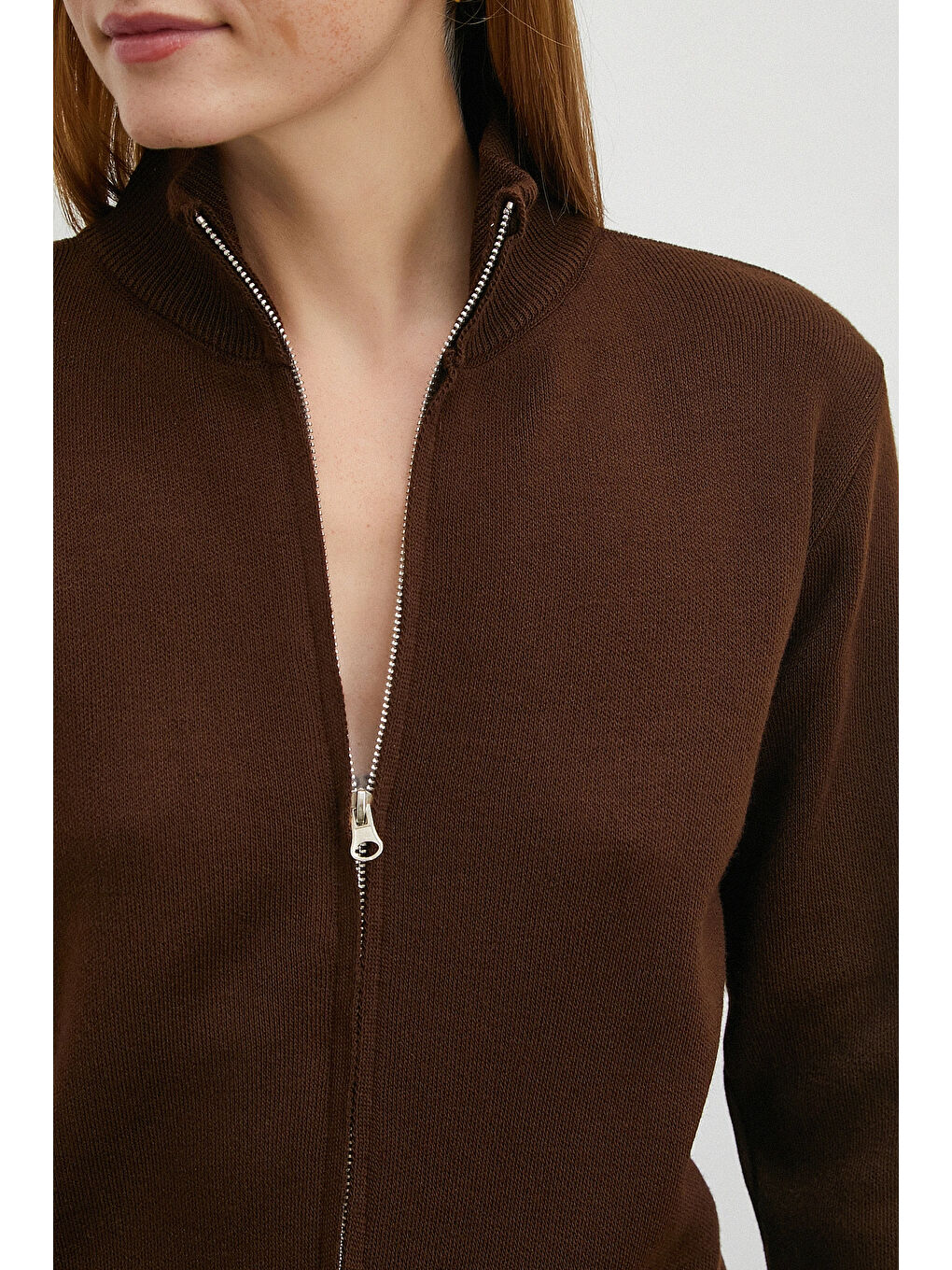 Karışık Çift Fermuarlı Triko Hırka Kahve-4