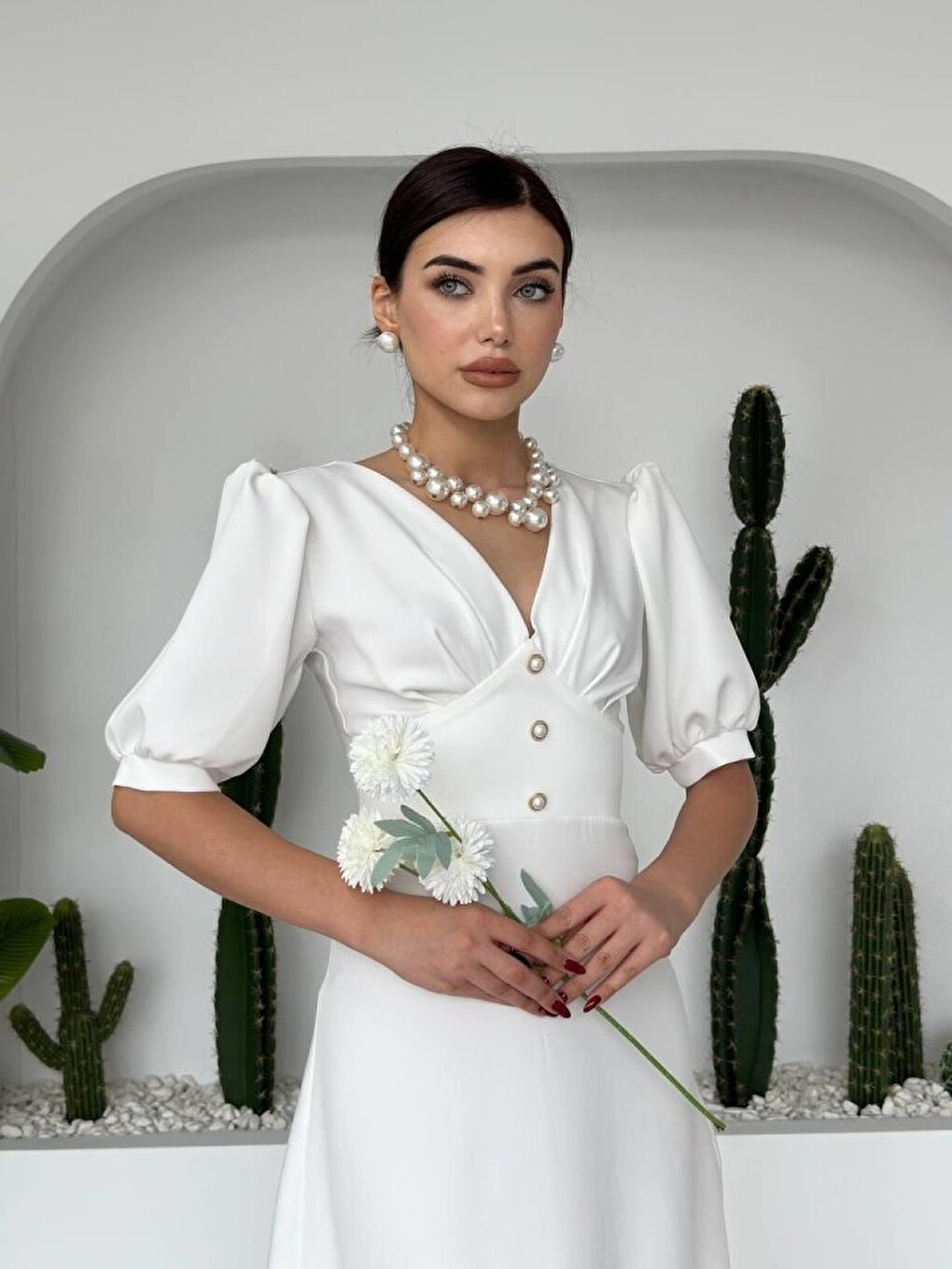 Beyaz Linda Midi Elbise-5