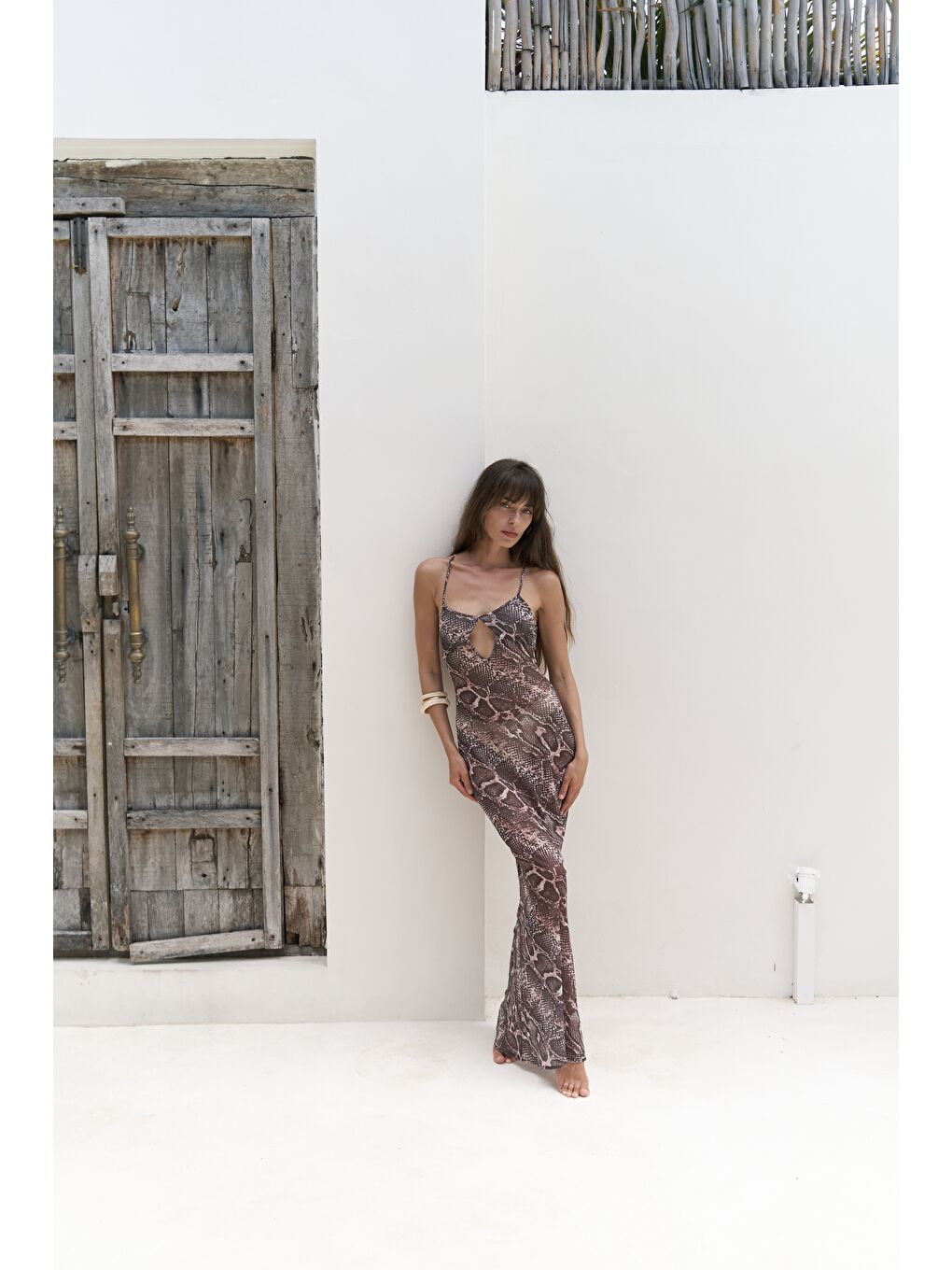 Bej Diavonesta Bağcık Detay Dekolteli Vizon Uzun Elbise-4