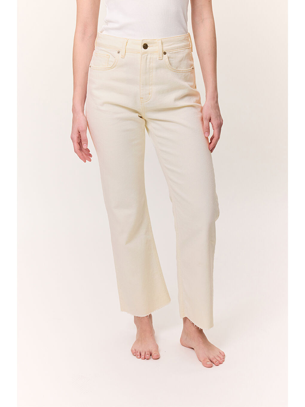 Yüksek Bel Flare Paça Jean Ekru-3