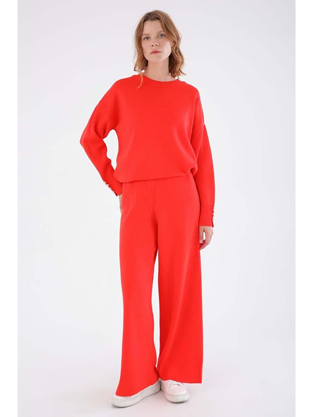 Kırmızı Nar Çiçeği-Bol Paça Triko Pantolon-1