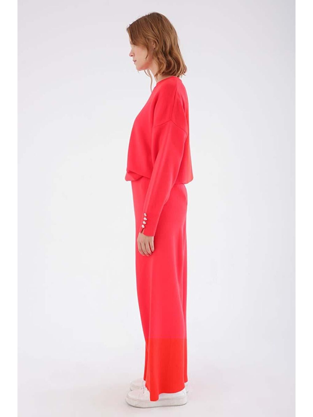 Kırmızı Nar Çiçeği-Bol Paça Triko Pantolon-2