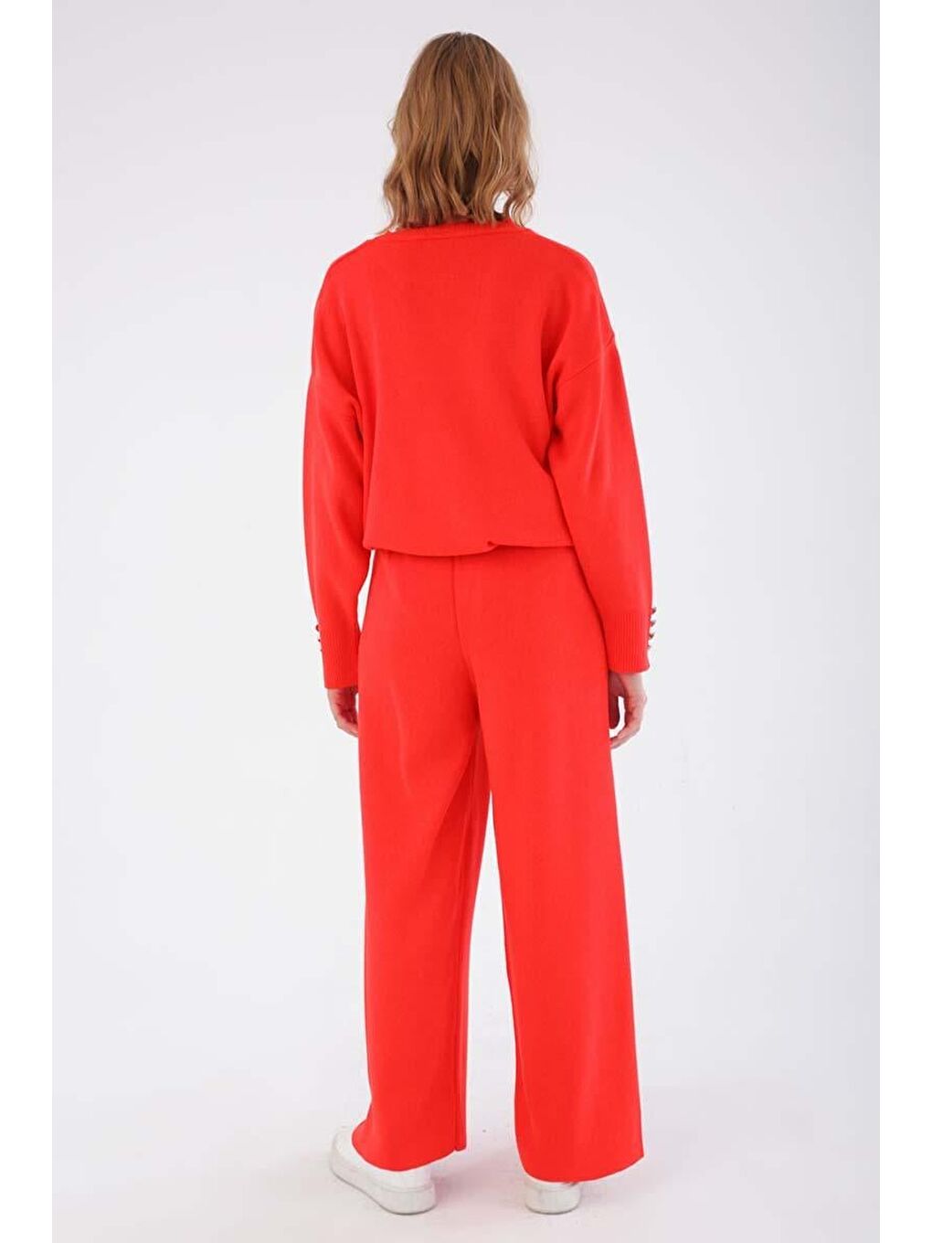 Kırmızı Nar Çiçeği-Bol Paça Triko Pantolon-3