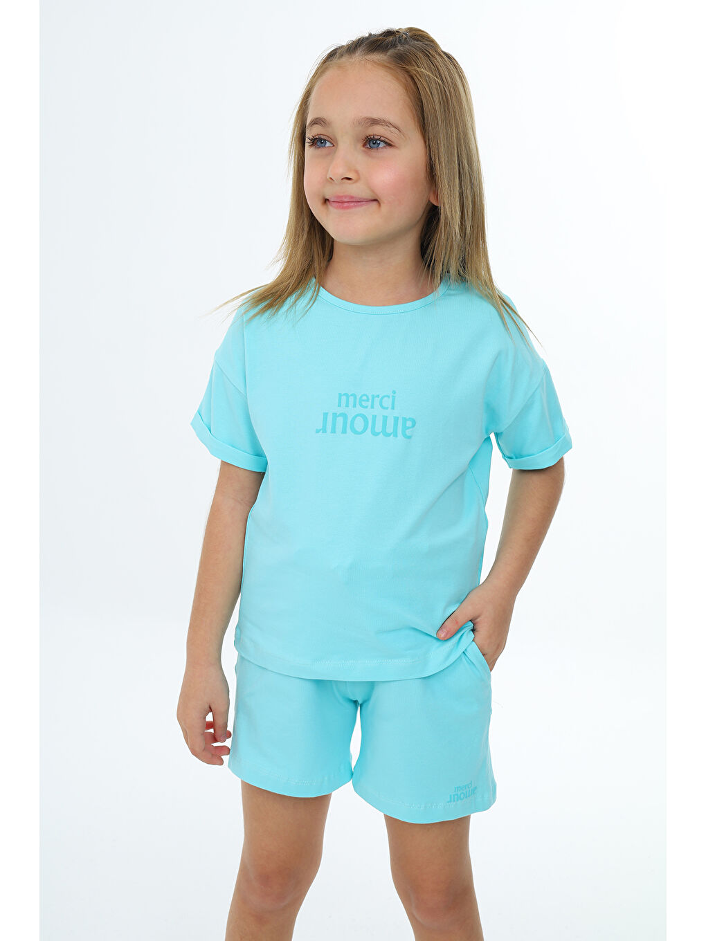 Turkuaz Kız Çocuk Baskılı Şortlu Takım