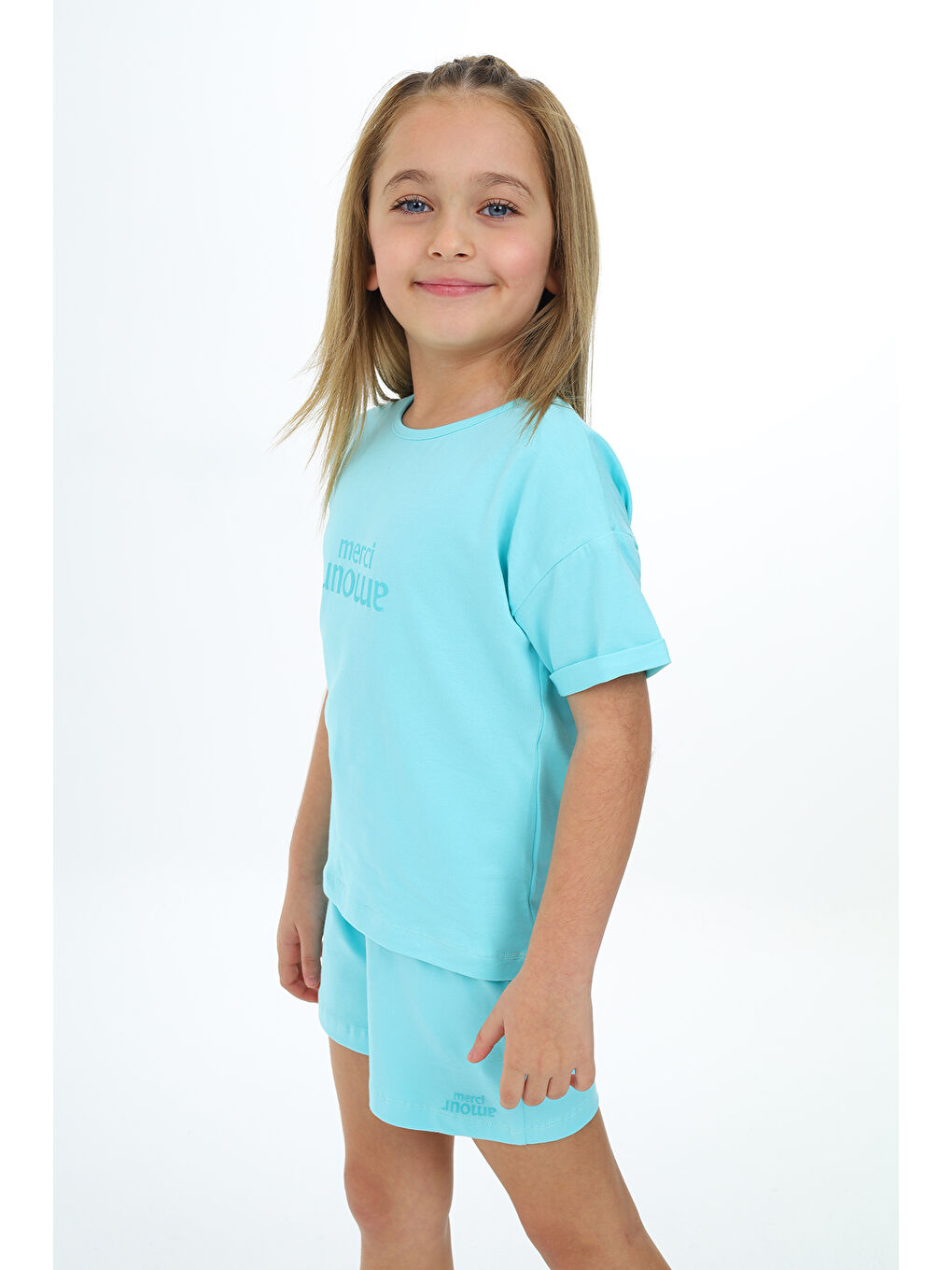 Turkuaz Kız Çocuk Baskılı Şortlu Takım-1