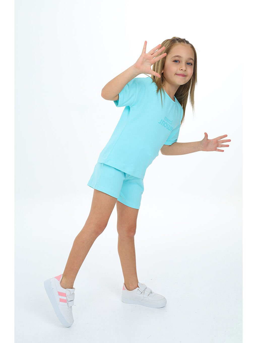 Turkuaz Kız Çocuk Baskılı Şortlu Takım-2