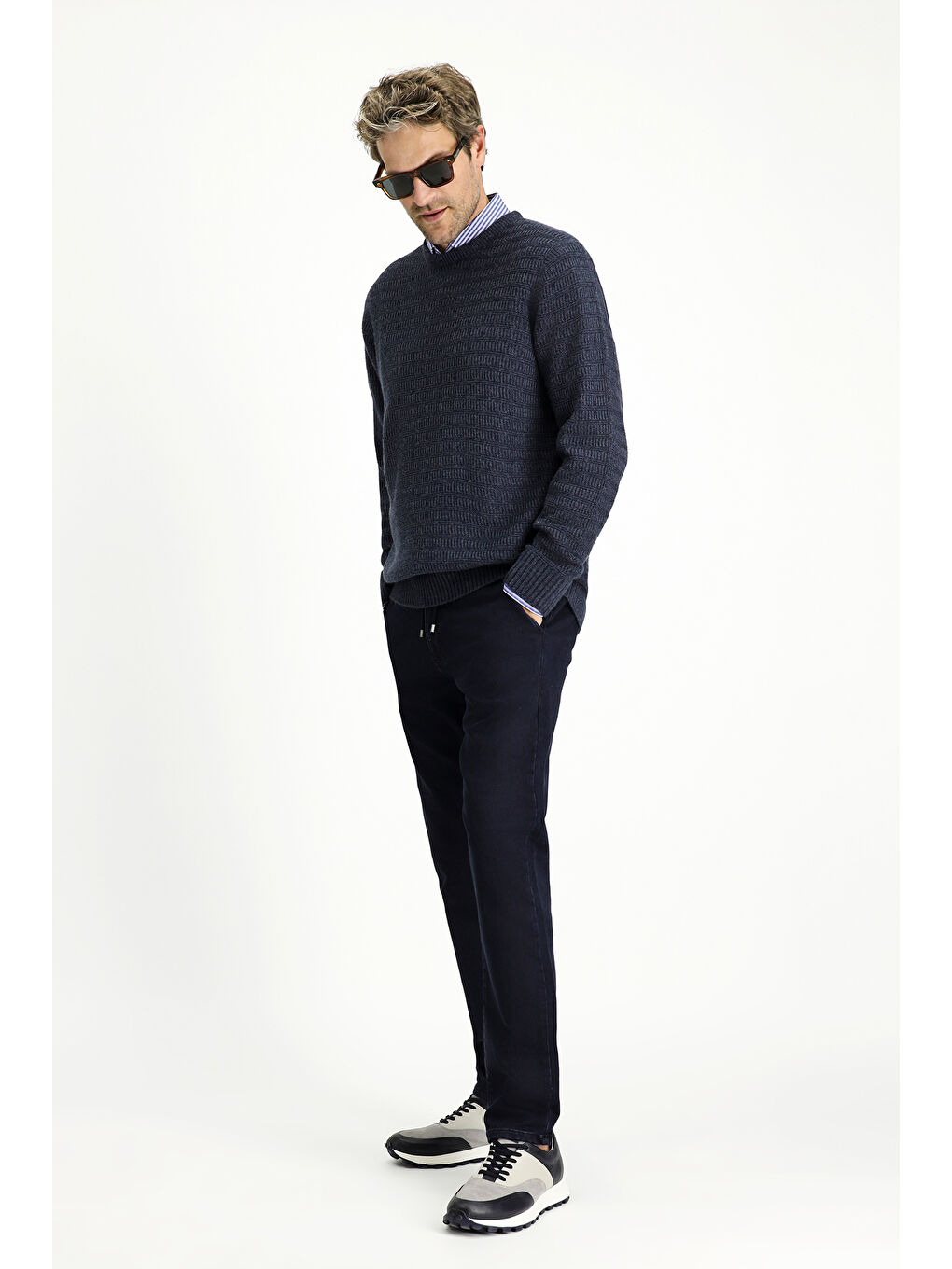 Lacivert Regular Fit Beli Lastikli İpli Elastanlı Denim Pantolon-1