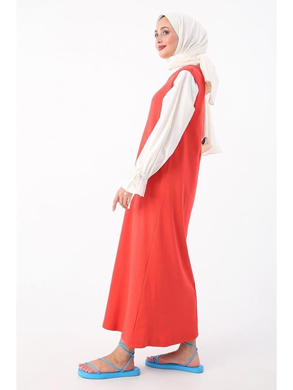 Kırmızı Nar Çiçeği-Pamuklu Fitilli Kolsuz İçlik Elbise-2