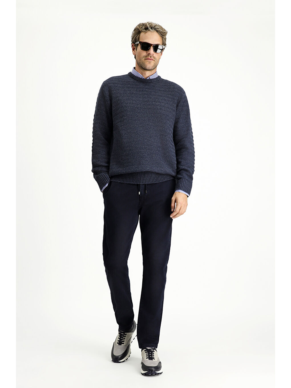 Lacivert Regular Fit Beli Lastikli İpli Elastanlı Denim Pantolon-2