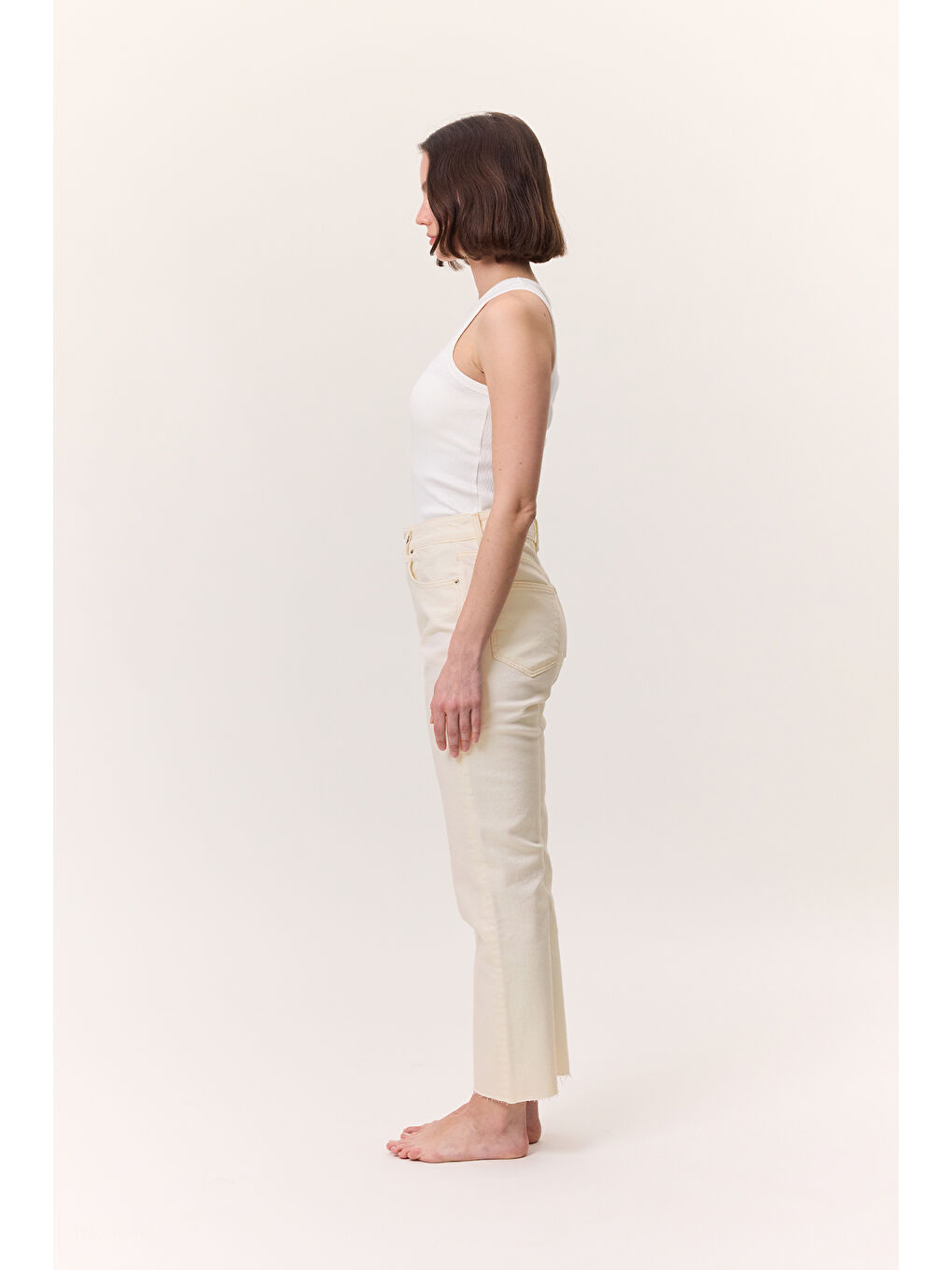 Yüksek Bel Flare Paça Jean Ekru-5