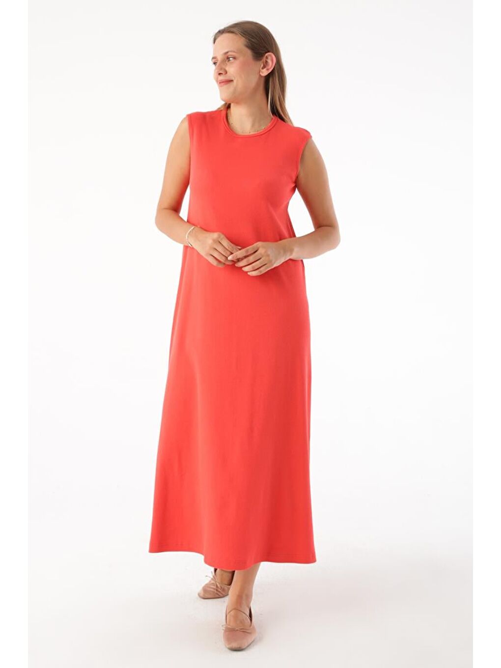 Kırmızı Nar Çiçeği-Pamuklu Fitilli Kolsuz İçlik Elbise-4