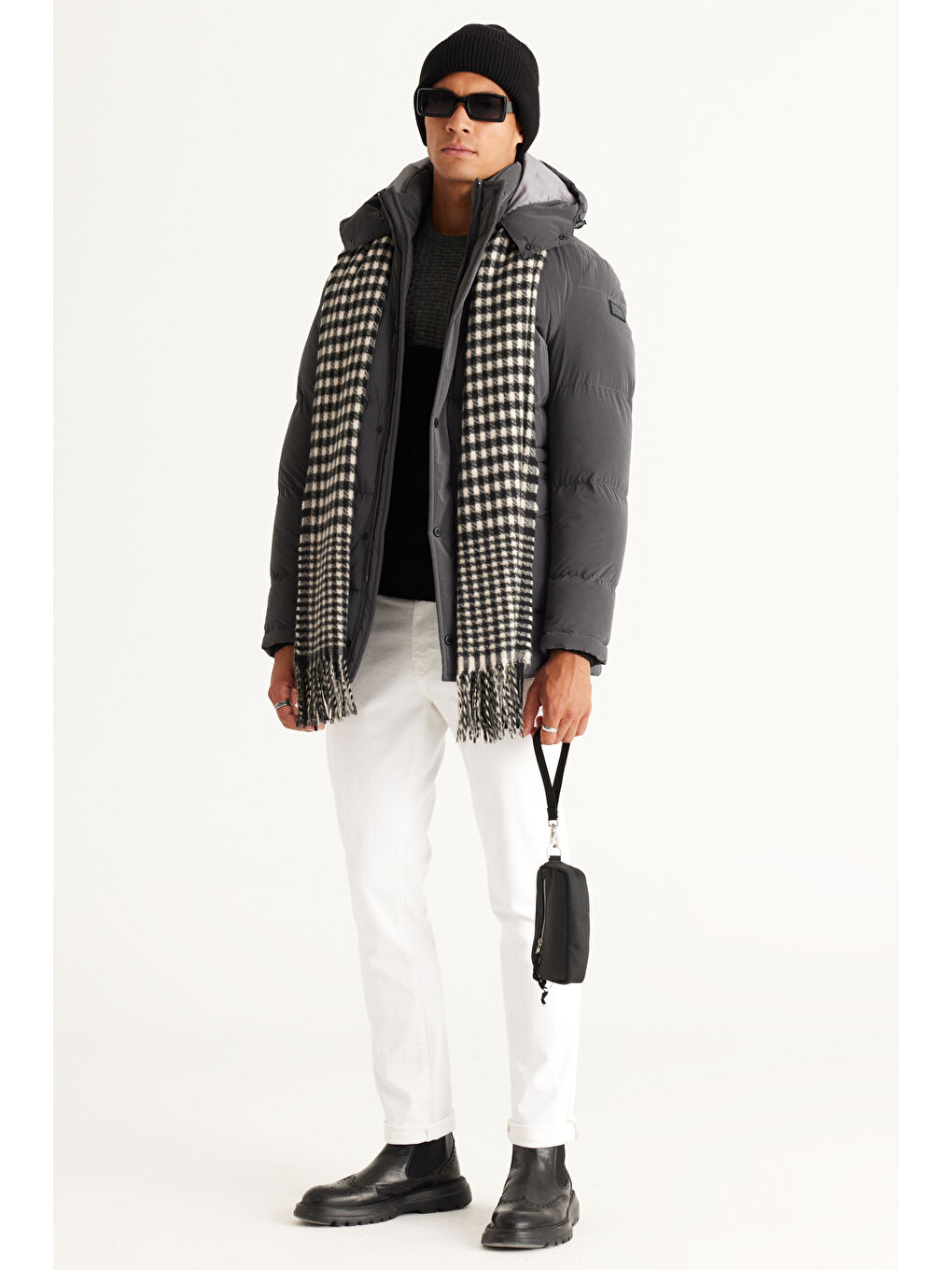 Erkek Antrasit Standart Fit Normal Kesim Çıkma Kapüşonlu Kaban