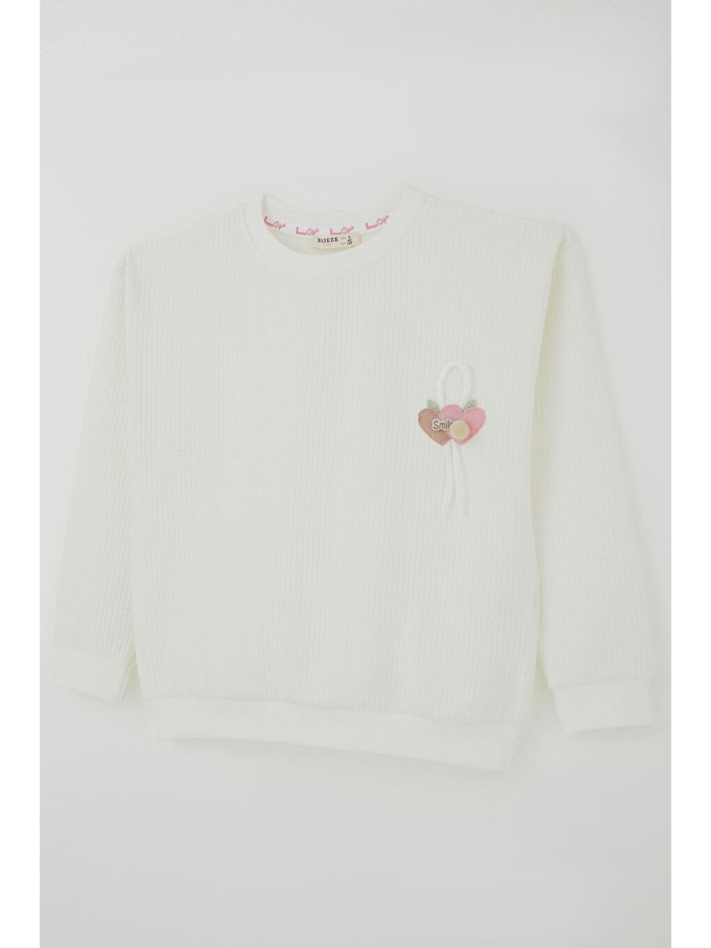 Kız Çocuk Sweatshirt Waffle Dokulu Kalpli Ponponlu Arma Detaylı Ekru (5-9 Yaş)-2