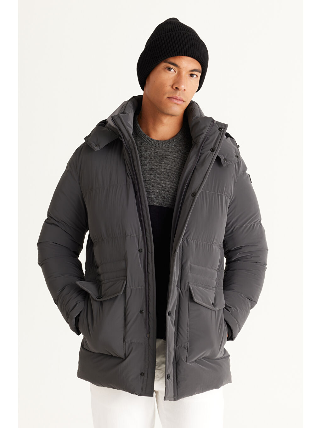 Erkek Antrasit Standart Fit Normal Kesim Çıkma Kapüşonlu Kaban-1