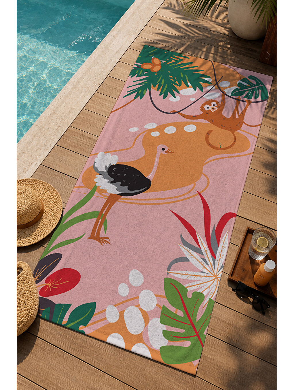 Pembe Tropikal Büyük Kuş Ve Yaprak Desenli 70x150 Cm Dijital Baskılı Plaj Ve Banyo Havlusu-2