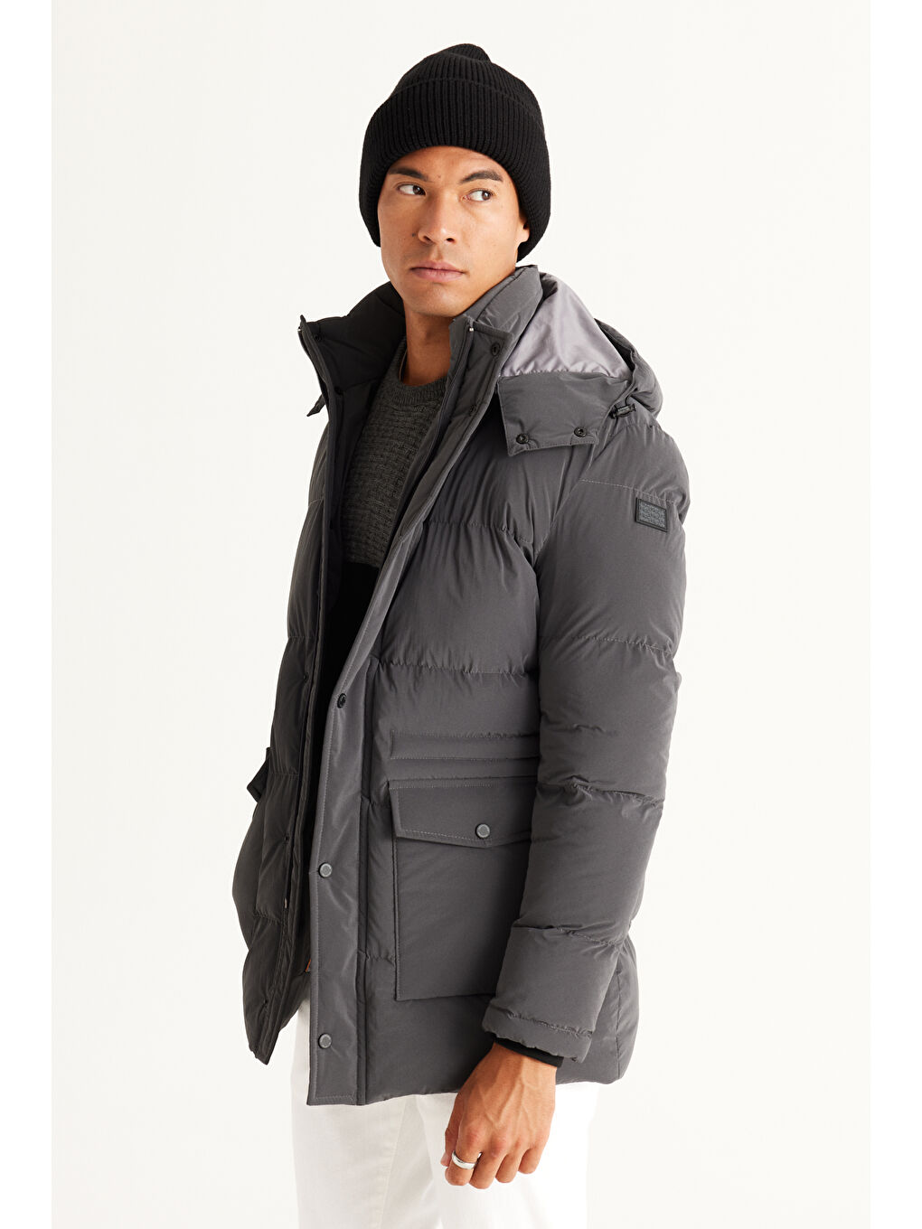 Erkek Antrasit Standart Fit Normal Kesim Çıkma Kapüşonlu Kaban-2