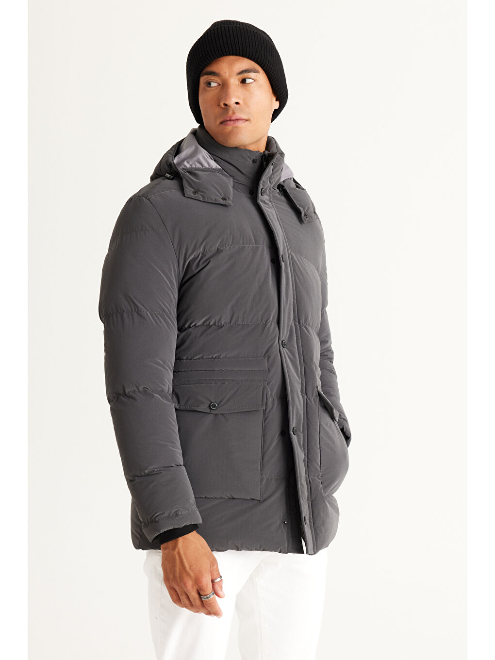 Erkek Antrasit Standart Fit Normal Kesim Çıkma Kapüşonlu Kaban-3