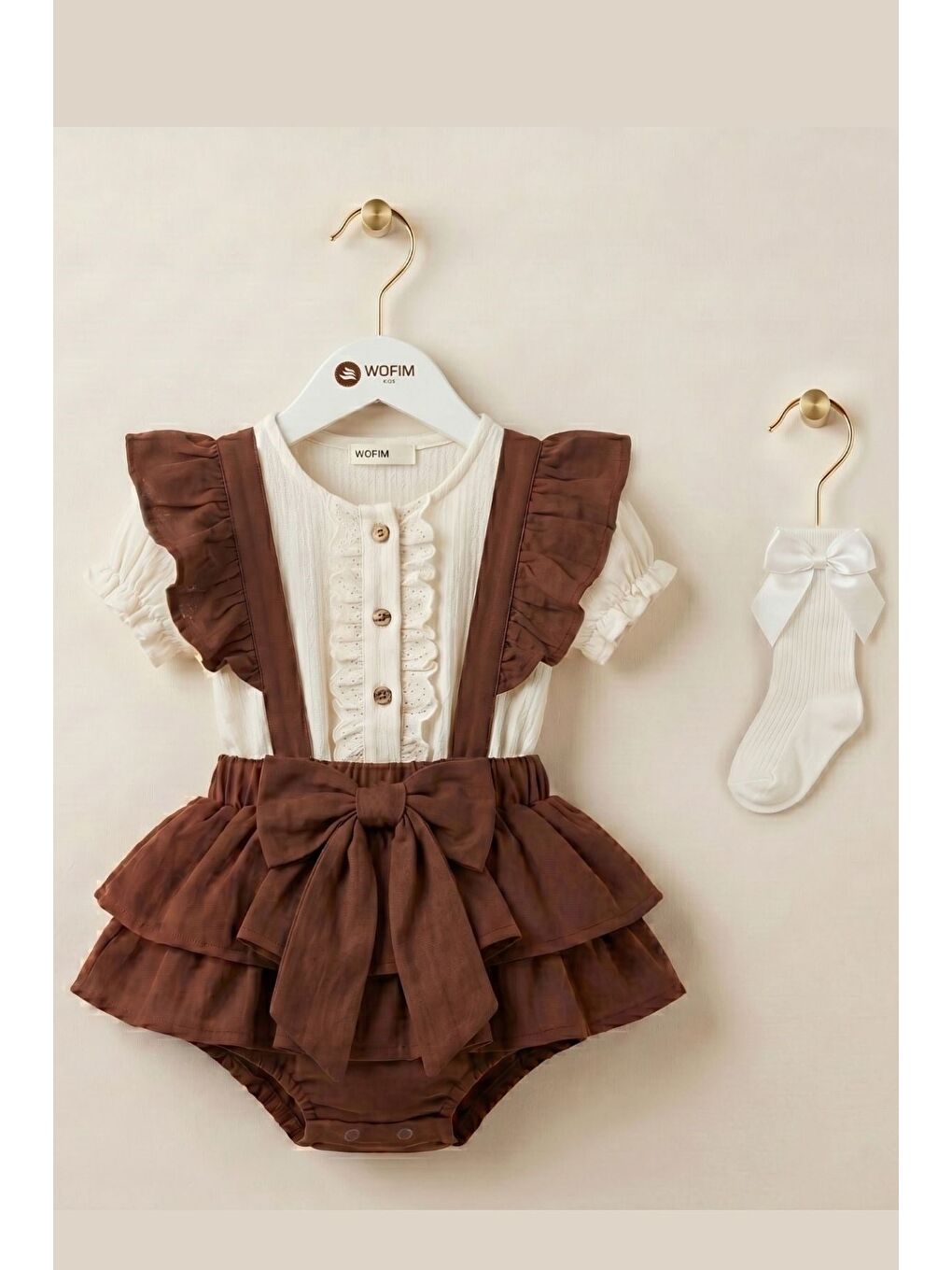 Kahverengi Fisto Detaylı Müslin Gömlek Ve Fiyonklu Salopet Takım-2