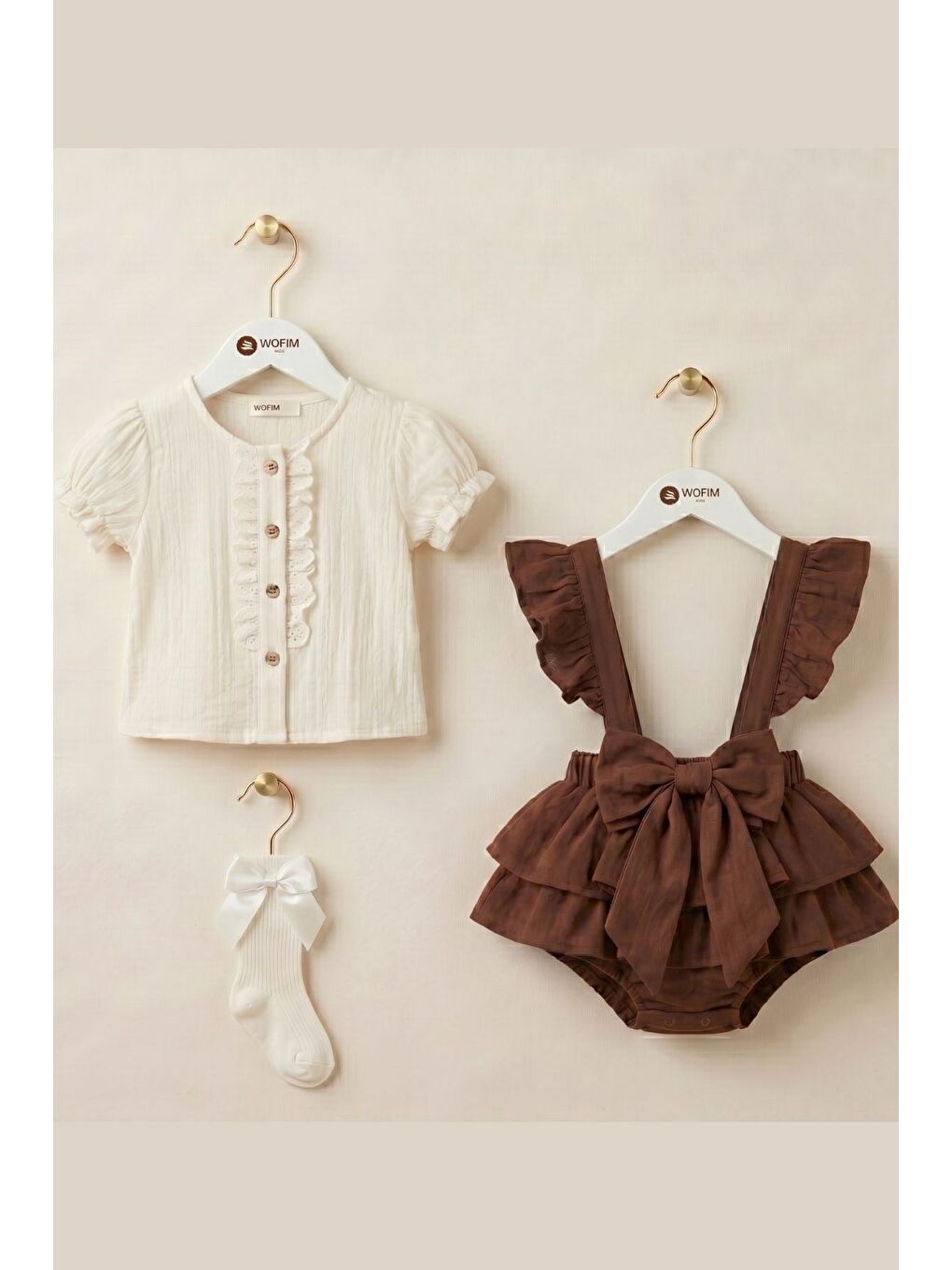 Kahverengi Fisto Detaylı Müslin Gömlek Ve Fiyonklu Salopet Takım-3