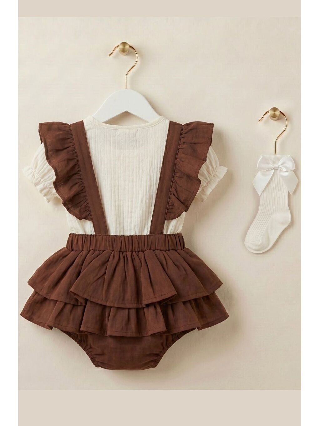 Kahverengi Fisto Detaylı Müslin Gömlek Ve Fiyonklu Salopet Takım-4