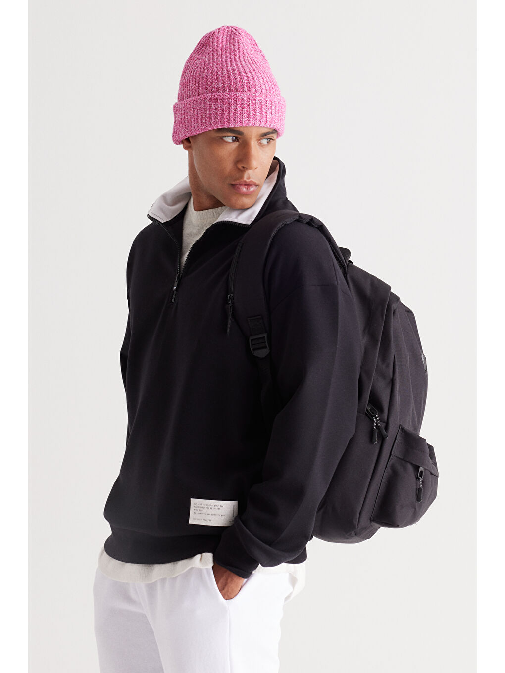 Erkek Siyah Loose Fit Bato Yaka Baskılı Sweatshirt-4