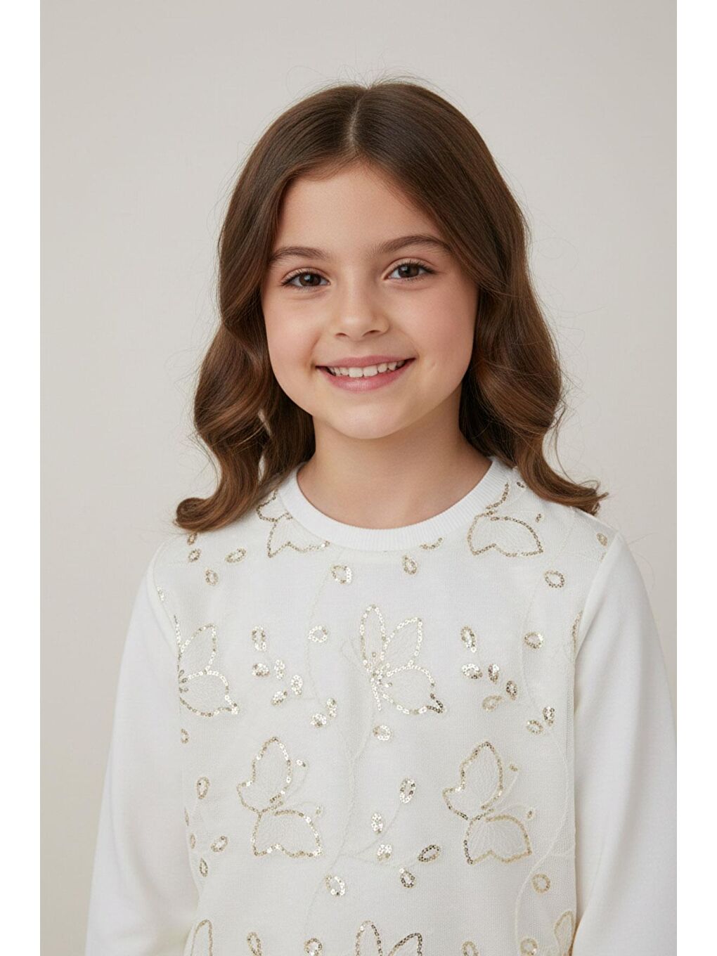 Kız Çocuk Sweatshirt Pullu Kelebek İşlemeli Tülü Çiçek Detaylı Ekru (8-12 Yaş)-1