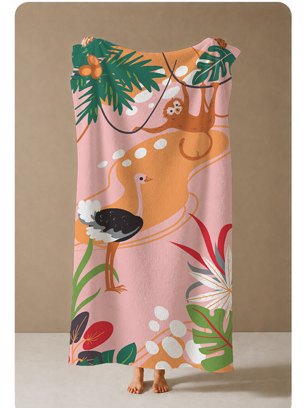 Pembe Tropikal Büyük Kuş Ve Yaprak Desenli 70x150 Cm Dijital Baskılı Plaj Ve Banyo Havlusu-3