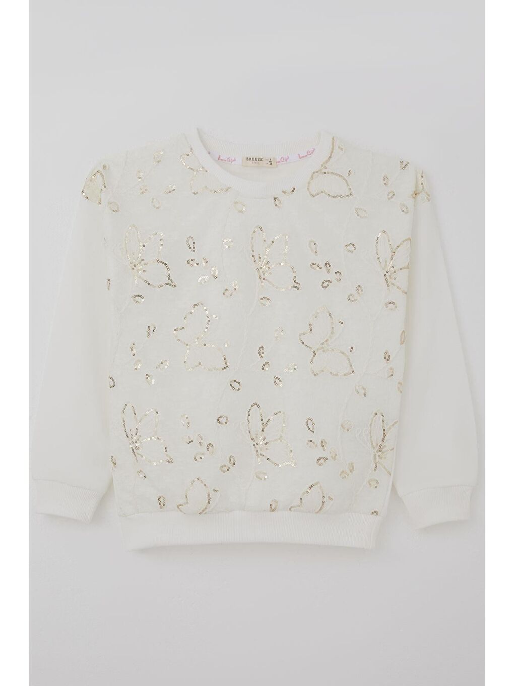Kız Çocuk Sweatshirt Pullu Kelebek İşlemeli Tülü Çiçek Detaylı Ekru (8-12 Yaş)-2
