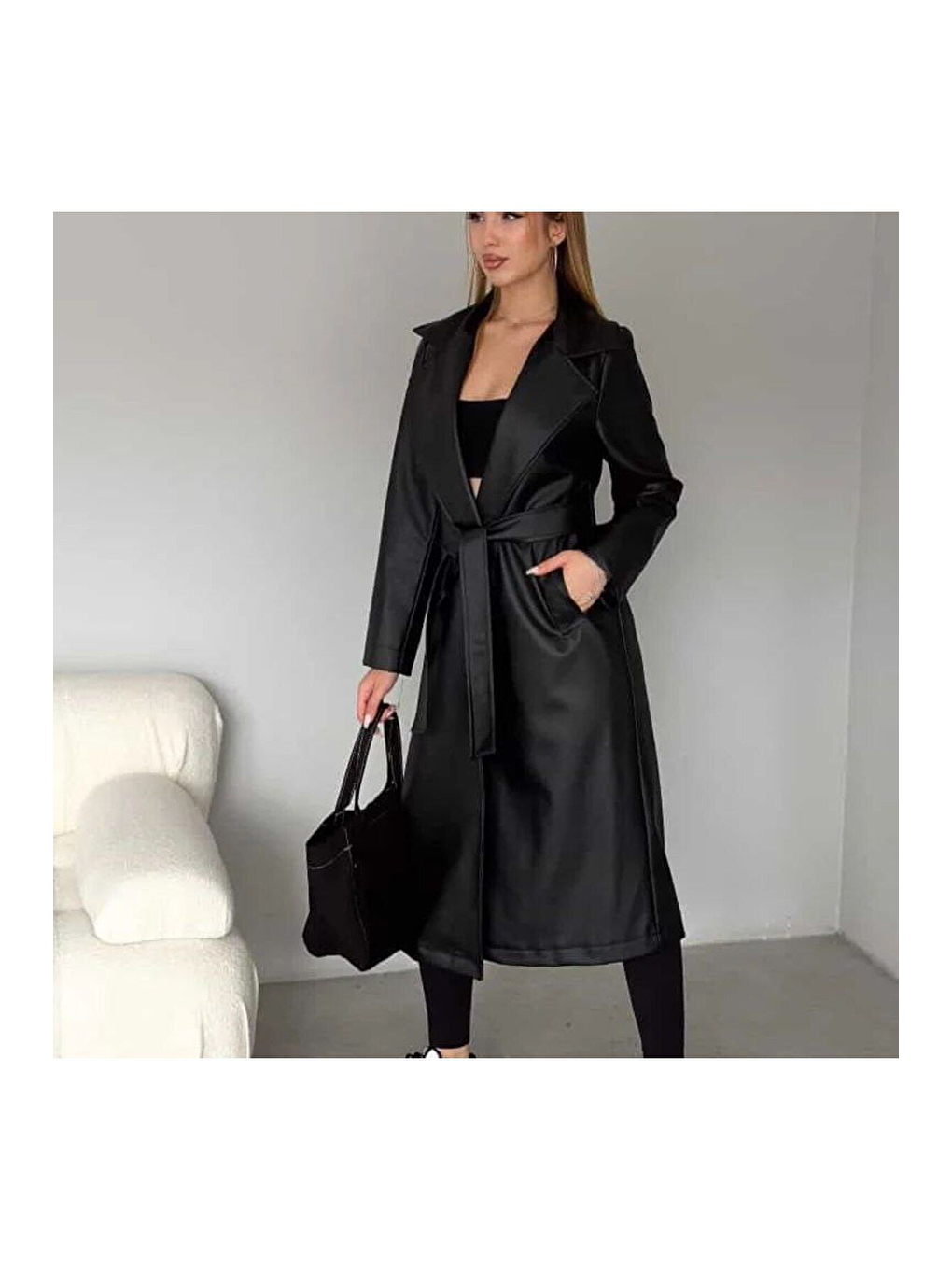 Siyah Kadın Kuşaklı Uzun Suni Deri Trençkot