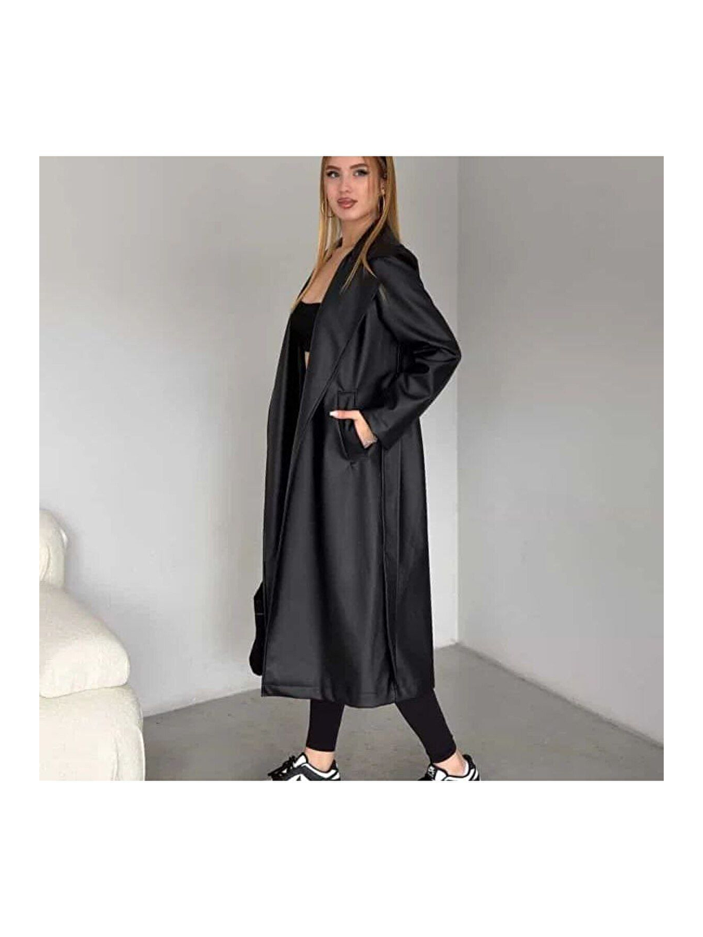 Siyah Kadın Kuşaklı Uzun Suni Deri Trençkot-1