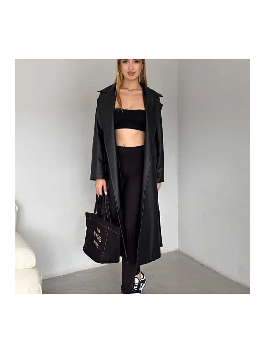 Siyah Kadın Kuşaklı Uzun Suni Deri Trençkot-2