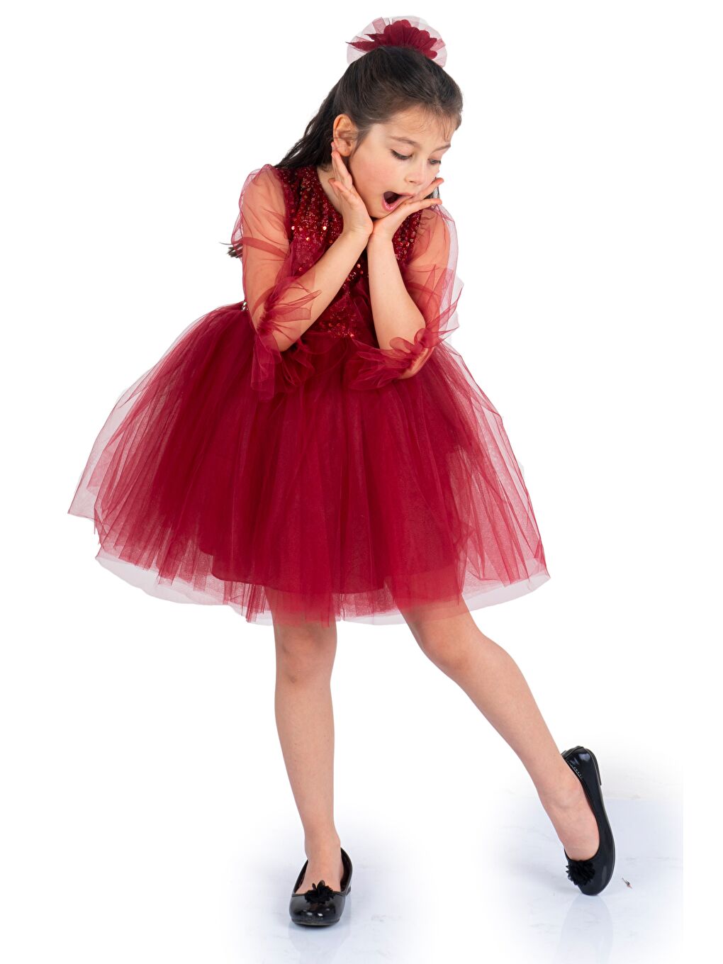 Bordo Pul Payet Tüllü Kız Çocuk Elbise MNK0285