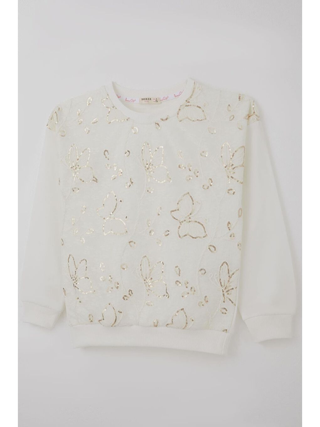 Kız Çocuk Sweatshirt Pullu Kelebek İşlemeli Tülü Çiçek Detaylı Ekru (8-12 Yaş)-4