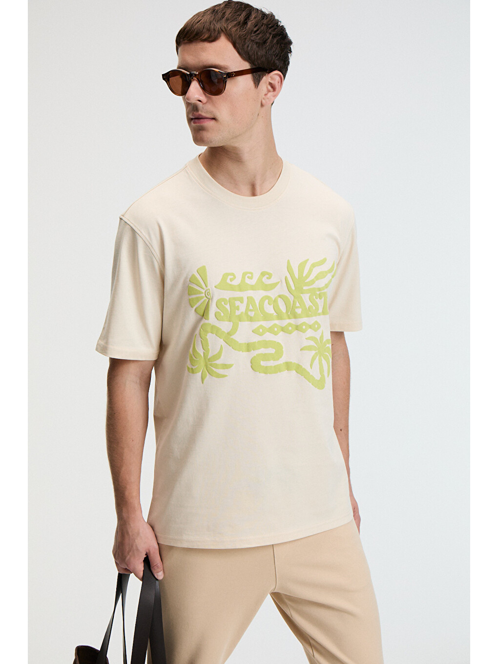 Bej Sweet Erkek %100 Pamuk Oversize Fit Baskılı Kısa Kollu Yuvarlak Yakalı Vanilya T-shirt-1