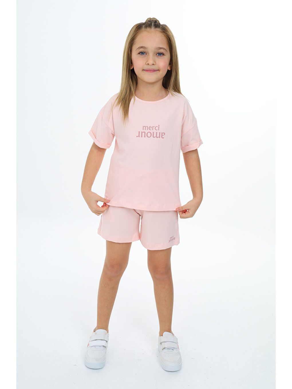 Pembe Kız Çocuk Baskılı Şortlu Takım